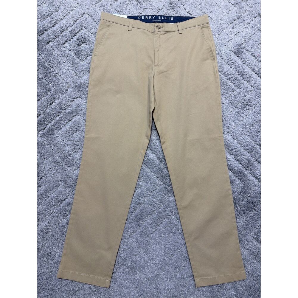 New Perry Ellis Pants Mens 36x32 Tan Slim Fit Flat Front Trousers